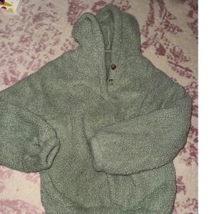 Girls Green Sherpa Pullover Hoodie Size 7-8 Soft Cozy Button Neck Loungewear